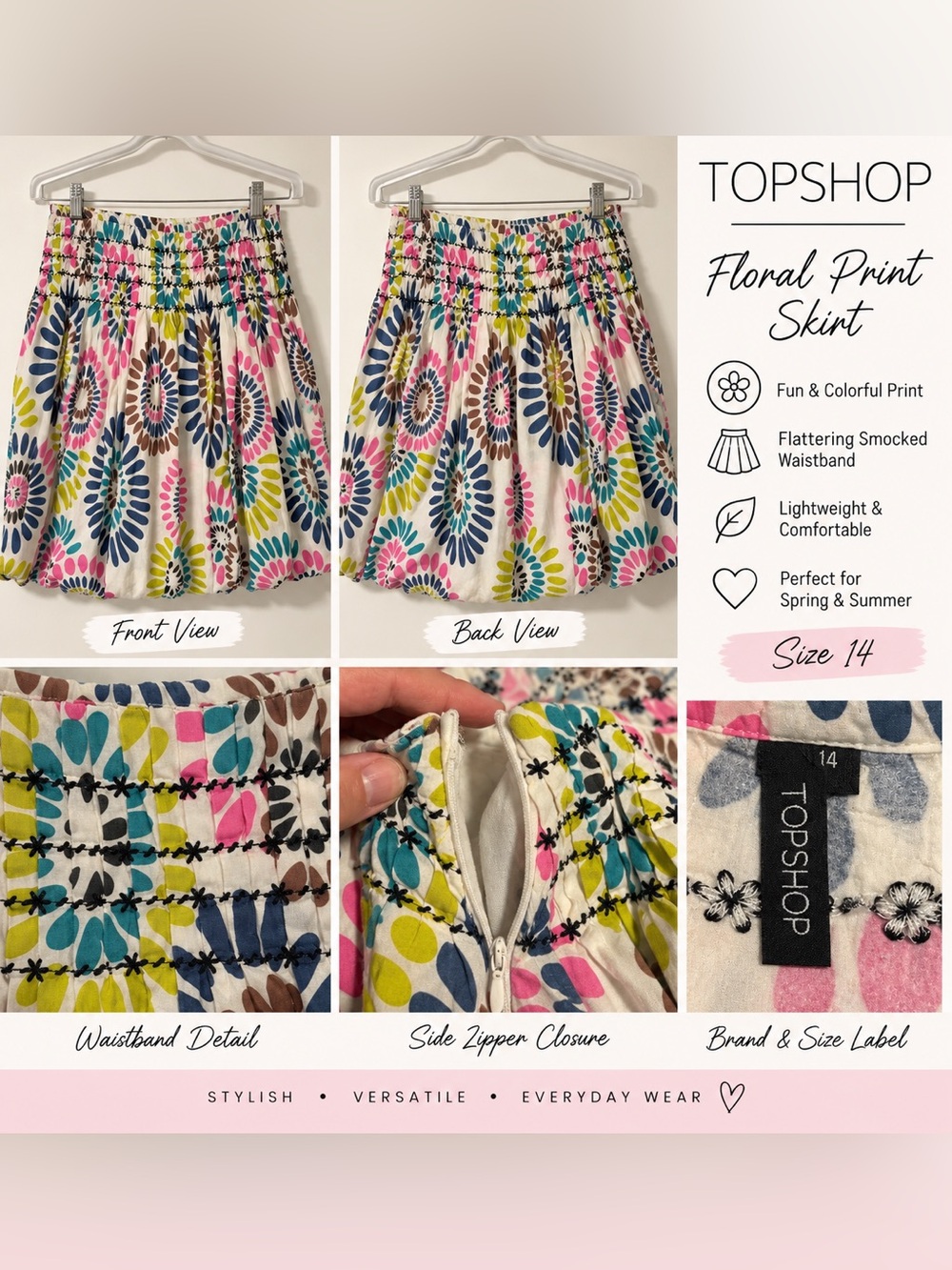 Topshop White Midi Skirt with Pink, Blue, Yellow & Brown Floral Medallions